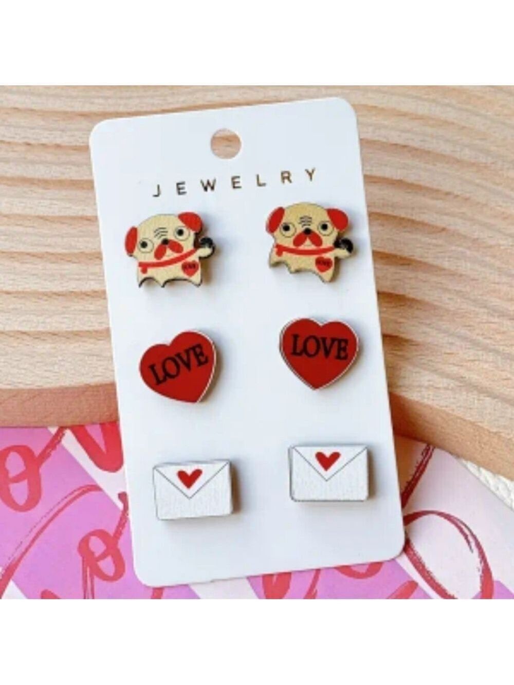 3 pair of cute valentines wooden earrings